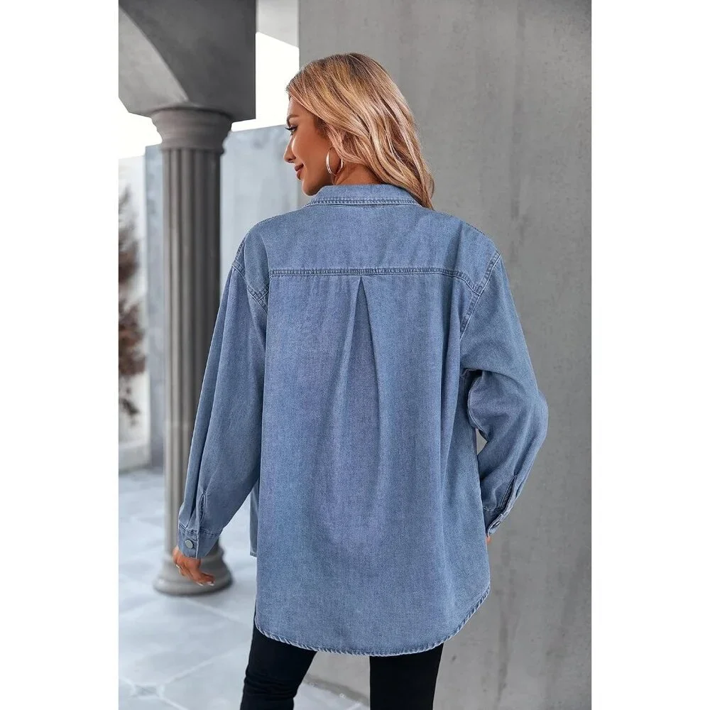Women's Oversized Denim Shirt Long Sleeve Casual Button Down Pockets Light Blue - Picture 5 of 6